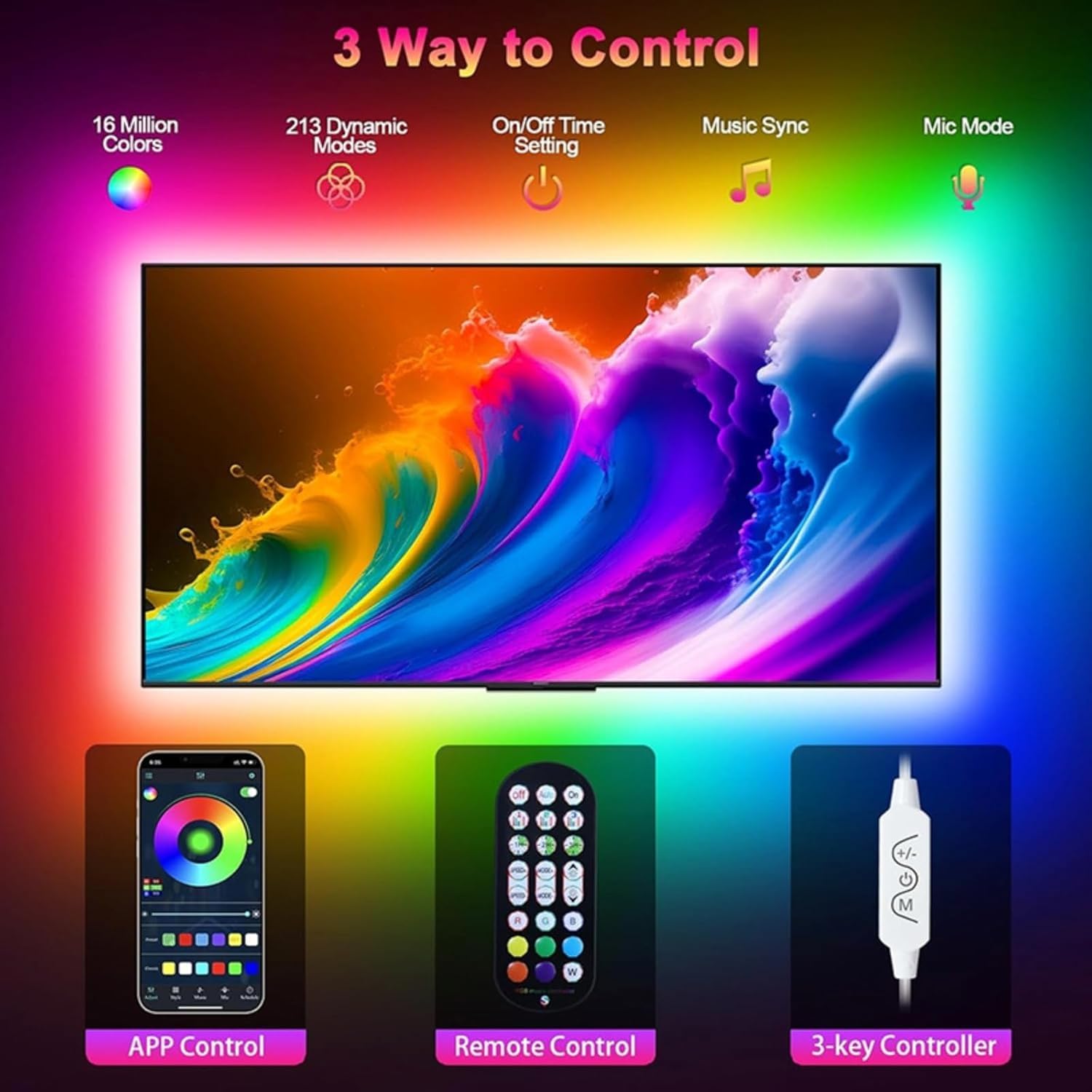 Tira de luz LED para TV Tira de luz LED 5V5050RGB Juego de 24 Teclas Tira de luz Colorida para Correr Música Inteligente Bluetooth TV Luz de Fondo LED Luz Ambiental de TV, 12 Luces, 300 cm