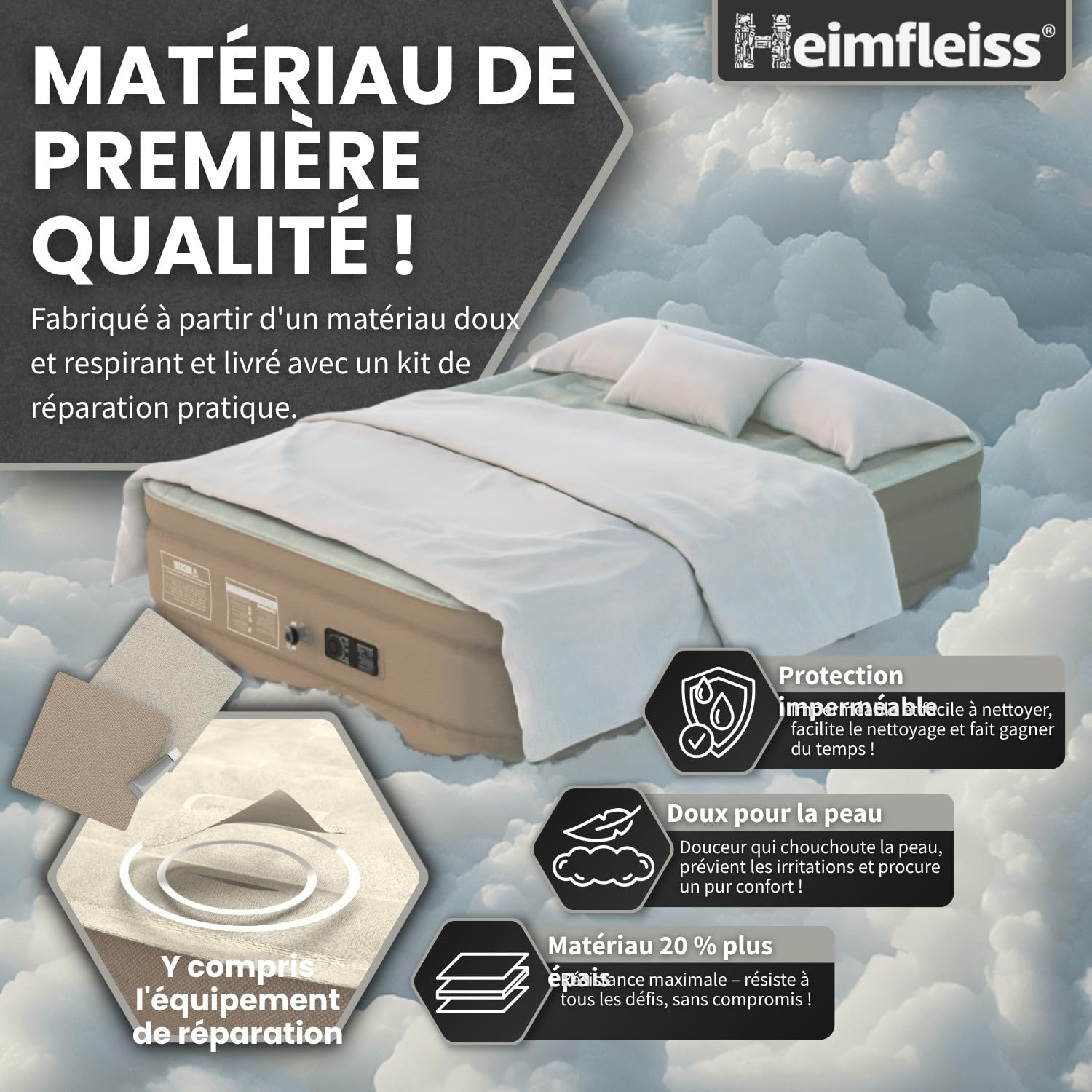 Heimfleiss® Matelas Gonflable 2 Personnes Electrique | Lit Gonflable Premium 150x200/45cm/ 2 Places | Matelas Gonflable Rapide avec Pompe Électrique Intégrée | Matelas d'Invités Autogonflant & Camping
