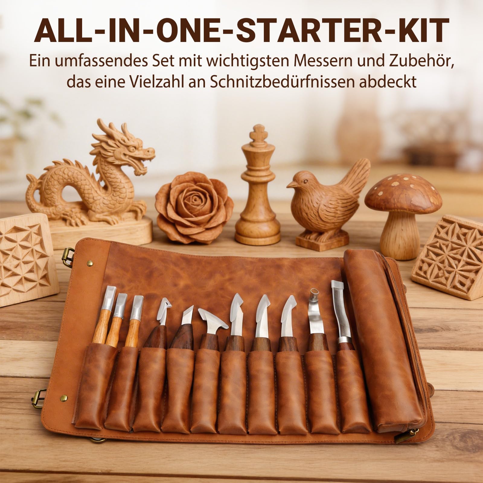 Holzschnitzerei-Set | Holzschnitzwerkzeug-Set | Tekchic 14-teiliges Schnitzmesser-Set mit PU-Lederetui (braun) – für Anfänger, Profis & Holzschnitz-Enthusiasten