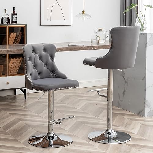 Miniatura 7 de Juego de 2 taburetes de bar de terciopelo, taburetes de bar giratorios de altura de mostrador con ribete de cabezas de clavos y botón, taburetes de