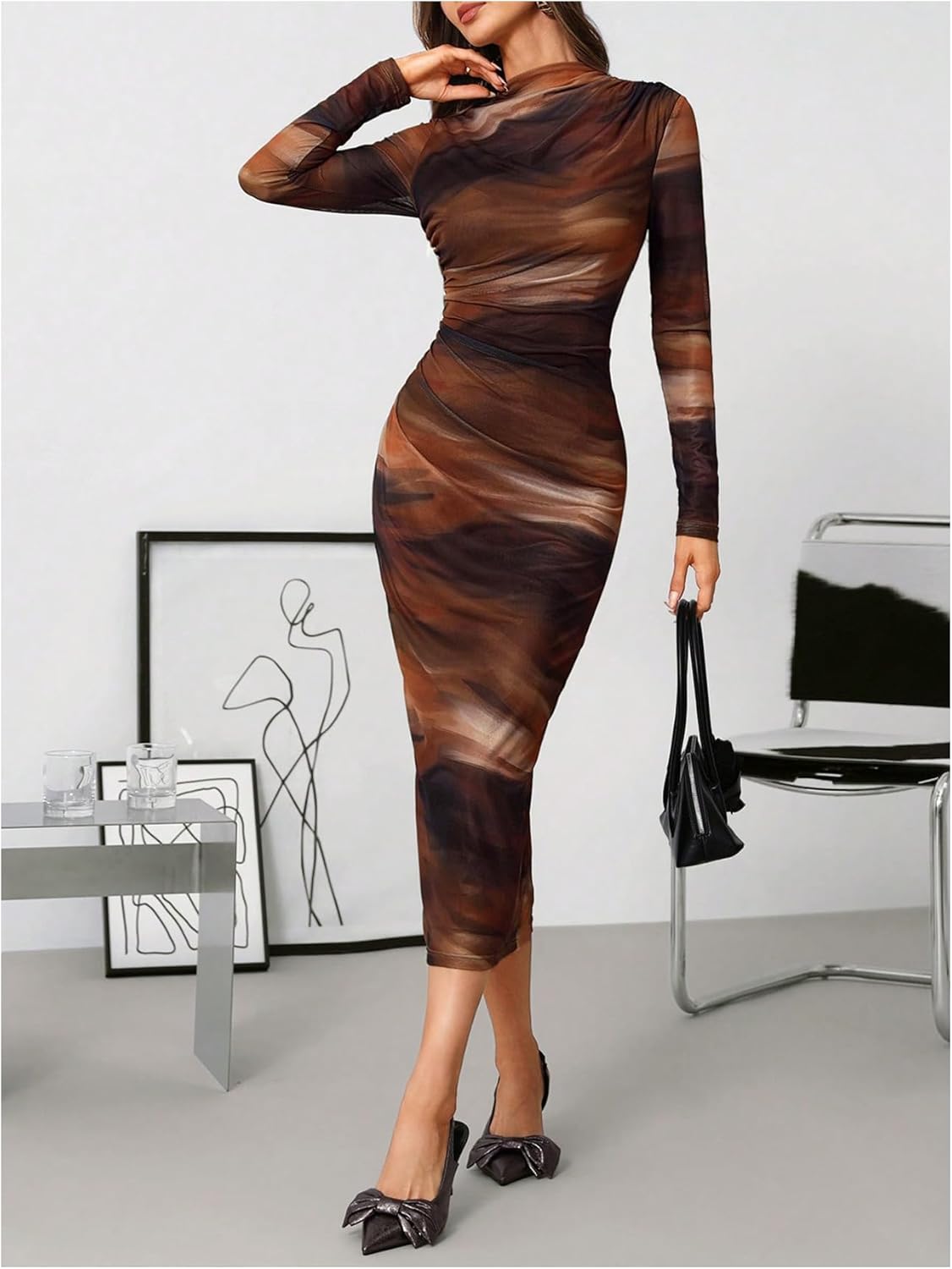 GORGLITTER Women's Mesh Mock Neck Bodycon Midi Dress Tie Dye Long Sleeve Ruched Birthday Pencil Long Dresses Outfits - Image 5