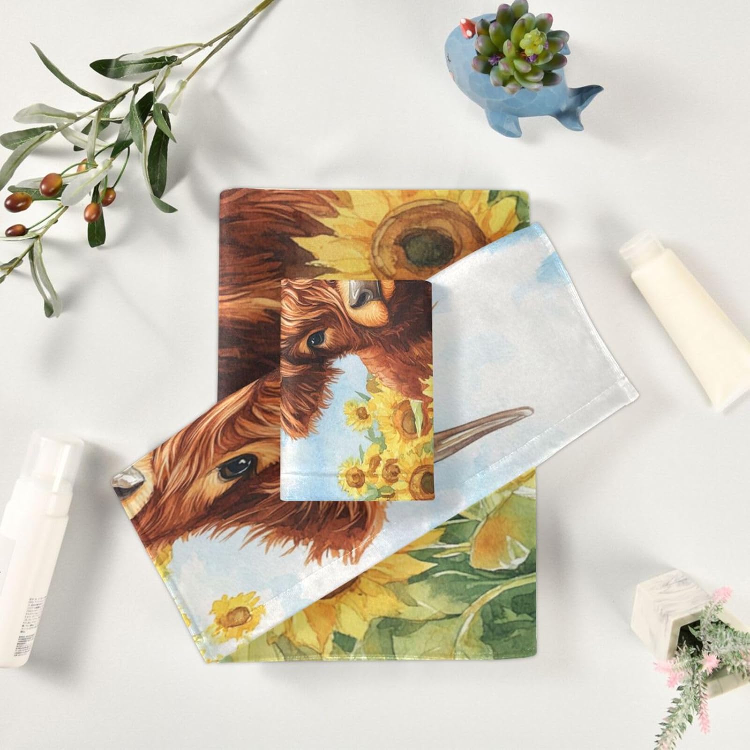 ALAZA Highland Cow Sunflowers 3-Piece Towel Set, Bath, Hand, Washcloth, Polyester/Cotton Blend, Multicolor