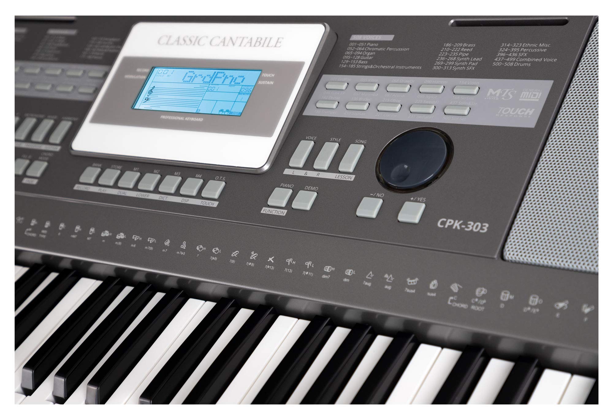 Classic Cantabile CPK-303 Keyboard - 61 Tasten mit Anschlagdynamik - 508 Klänge und 180 Begleitrhythmen - Anschlüsse für Kopfhörer und Sustain-Pedal - grau