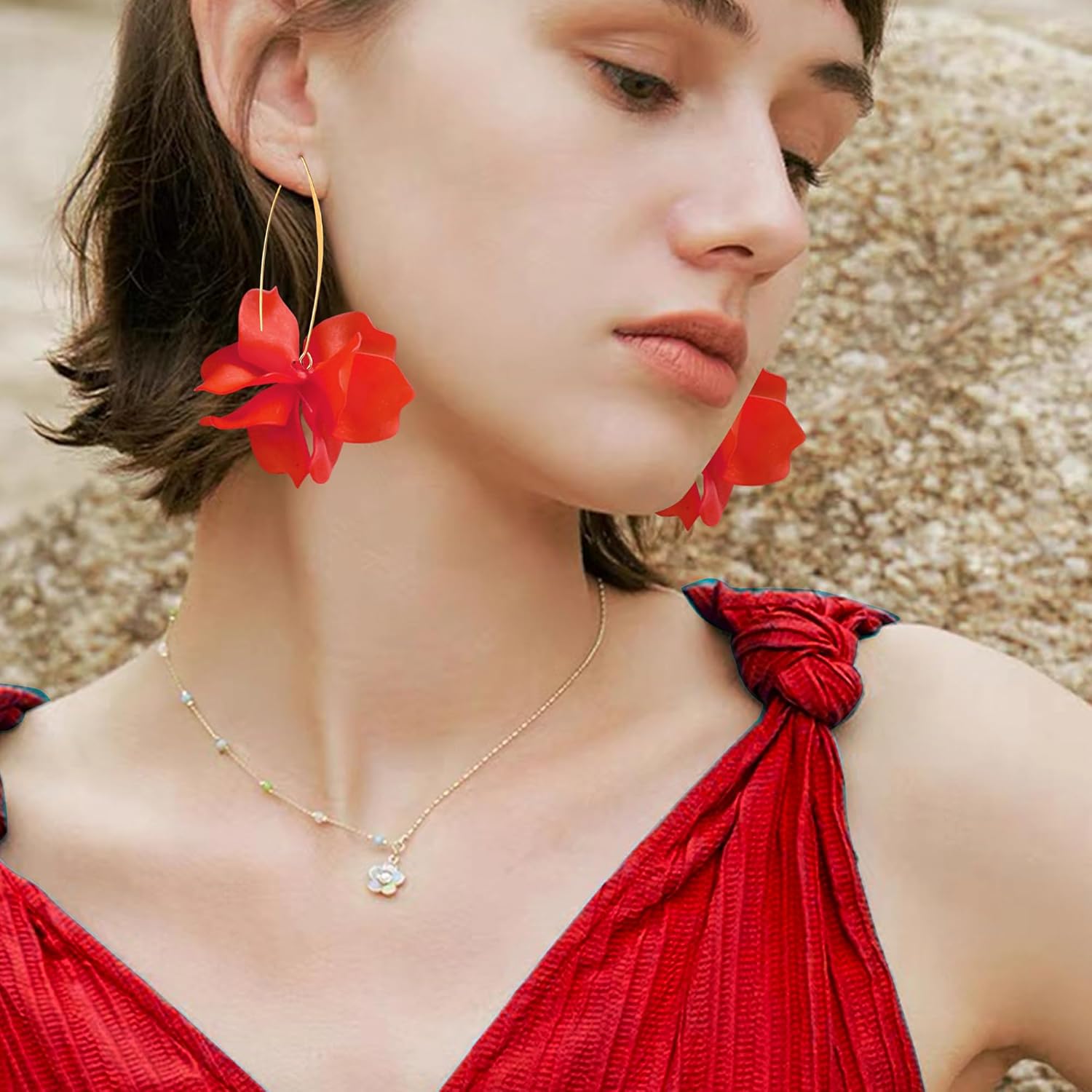 GPASTG Handmade Bohemian Acrylic Flower Petal Dangle Drop Earrings Long Big Rose Floral Earrings for Women - Image 2