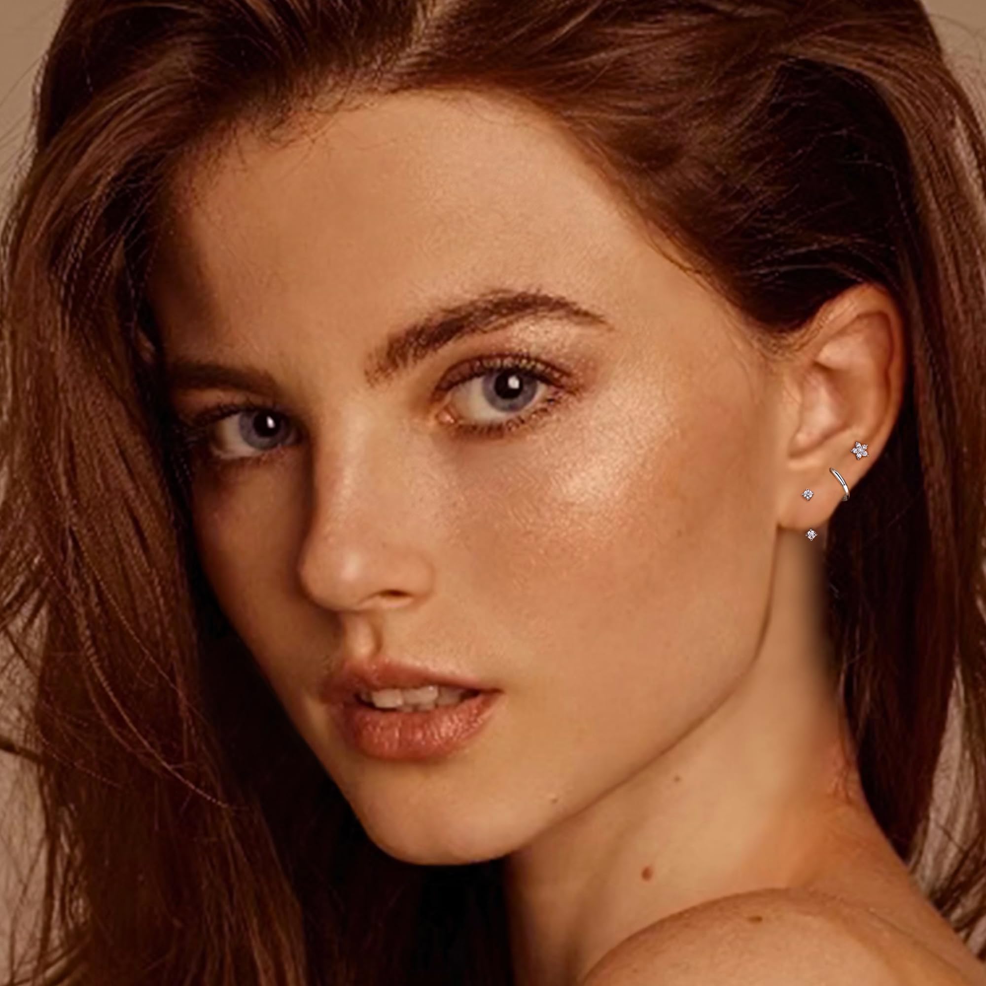 JeweBella 3 Paia Orecchini Set in Argento 925 per Donna Oro Placcato 14K Piccoli Orecchini a Bottone Set Impilabili Orecchini a Lobo Orecchini a Cerchio Set per Piercing Multipli