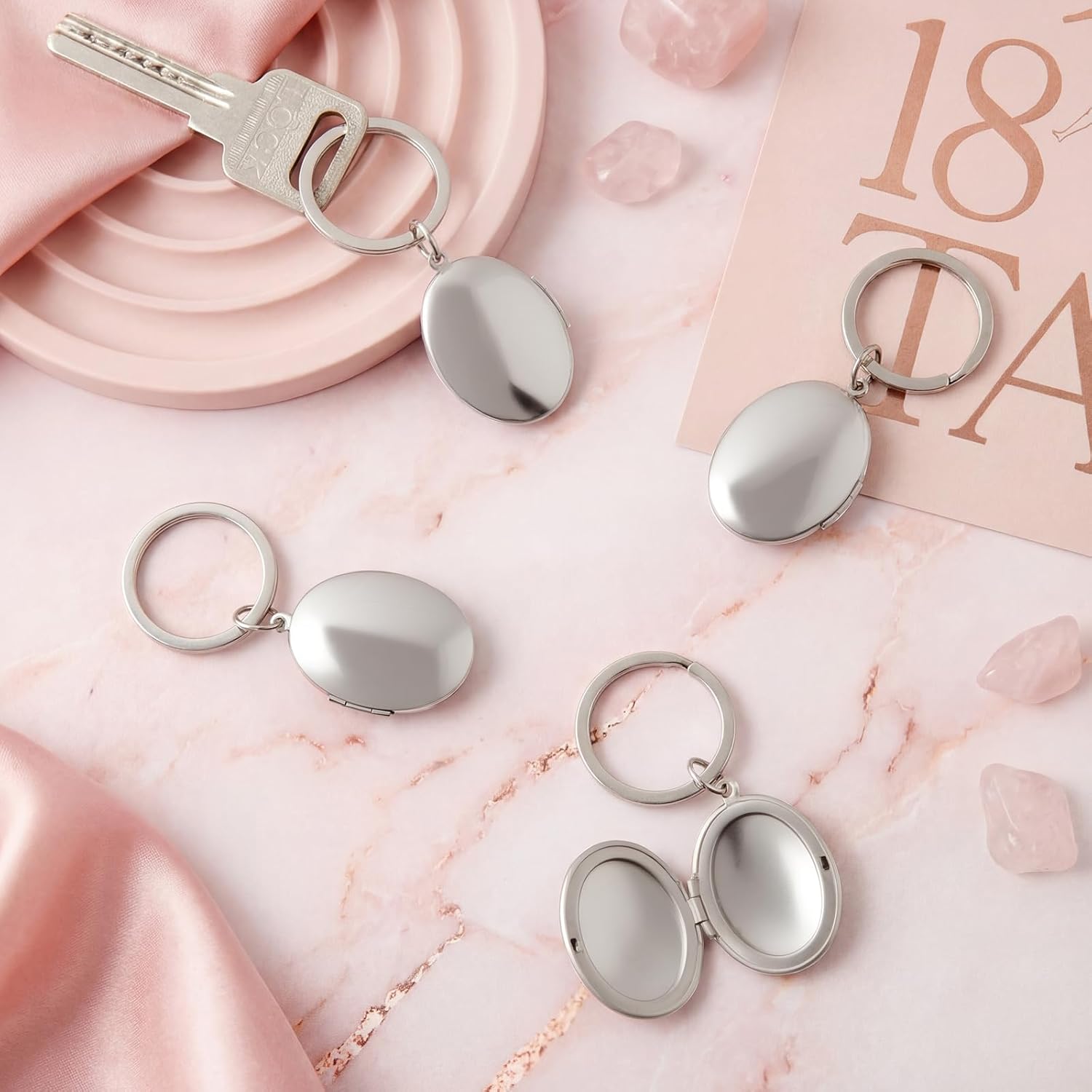 4 Pcs Silver Heart Locket Keychains Stainless Steel Round Locket Key Chain That Hold Pictures for Valentines Gifts - Image 2