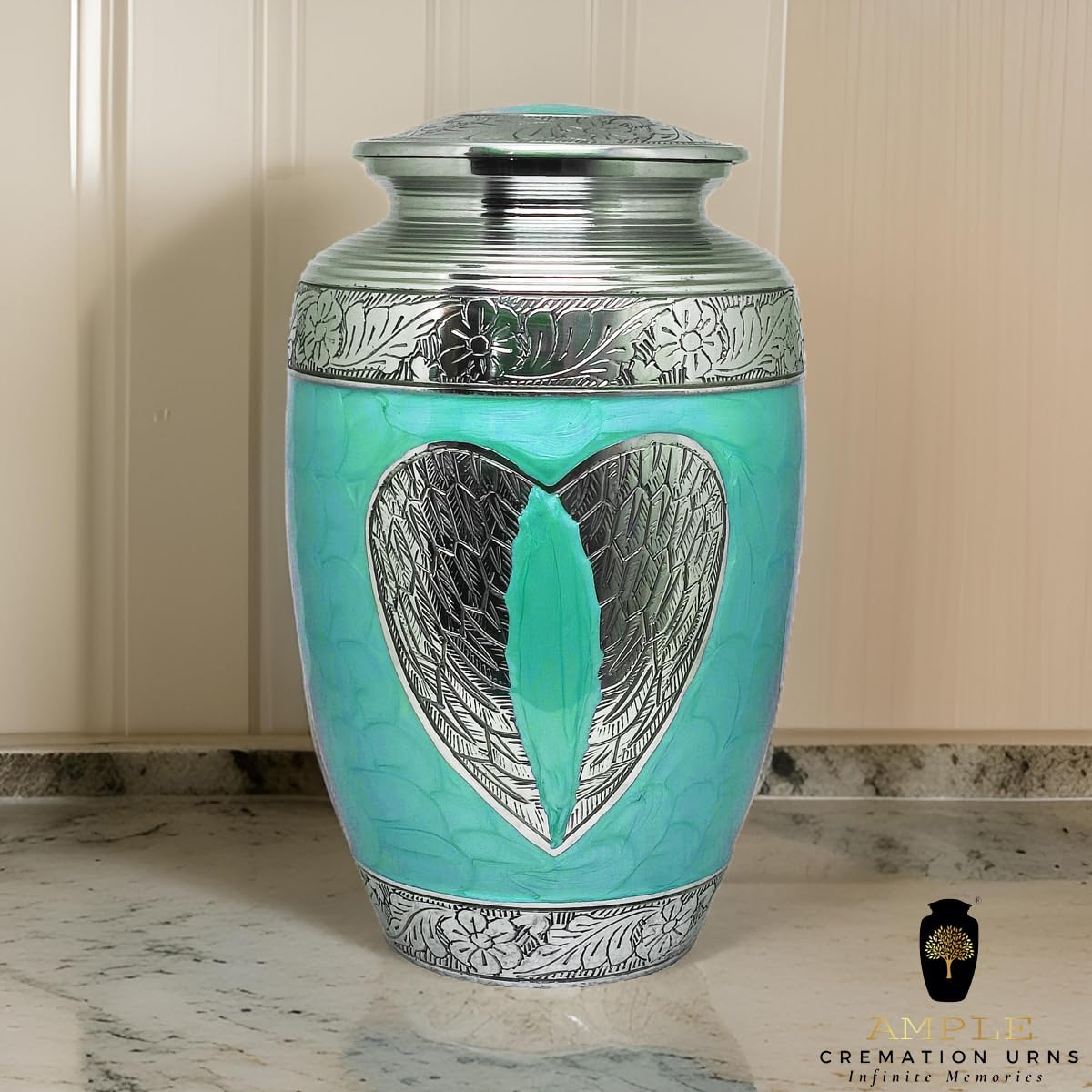 | Handcrafted Memorial Urn with Secure Lid- Funeral Decorative Burial |Accents Holder - Human Ashes |220 LBS Capacity |11x7x7 Inches | Loving Angel | (Green, 7 x 7 x 11 inches)