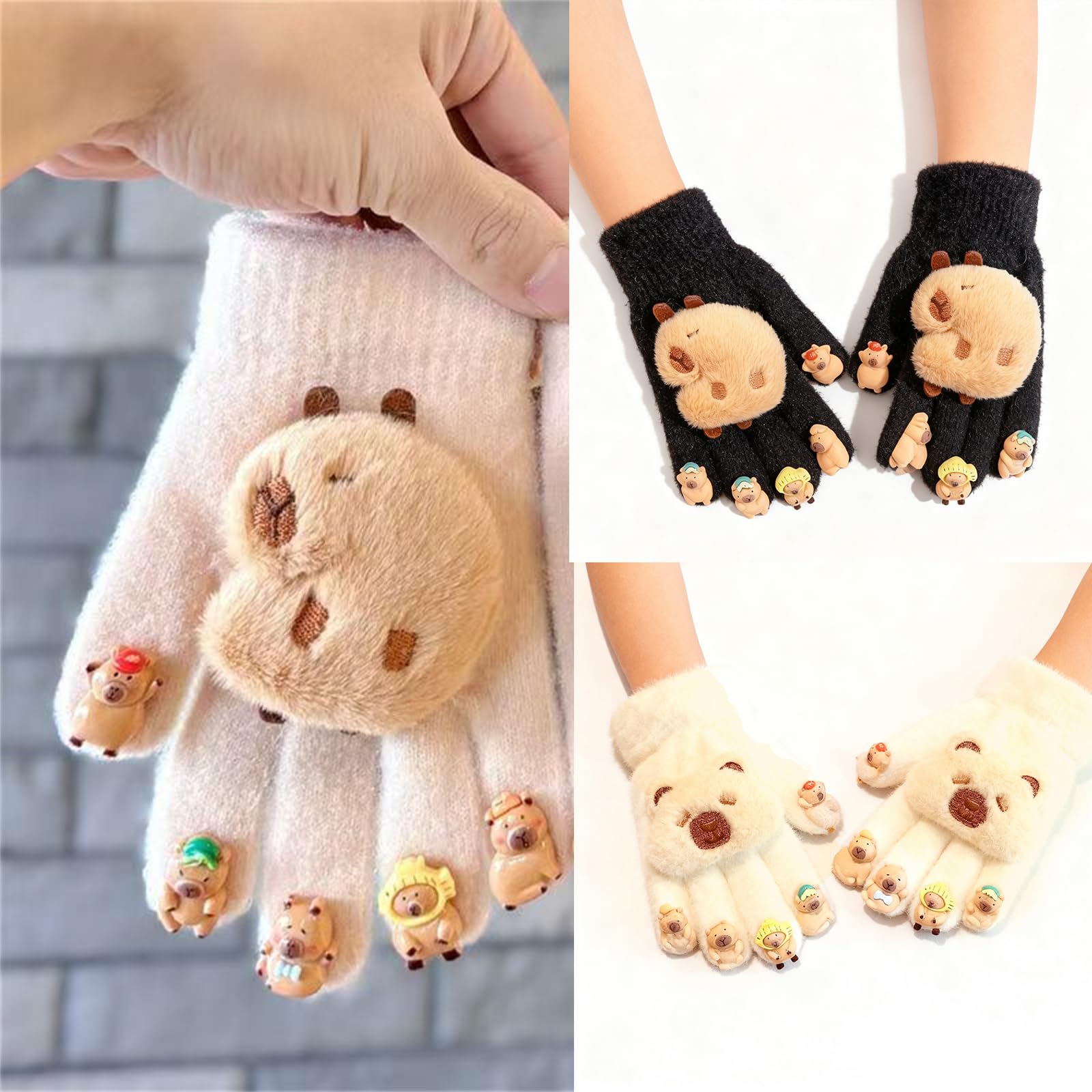 Gramigg Schöne Capybaras gemusterte Handschuhe für Jungen und Mädchen, warmer Fleece-Handschutz, leicht, reisefreundlich, Capybara-Handschuhe für den Außenbereich, Khaki seitlich, One size Fashion