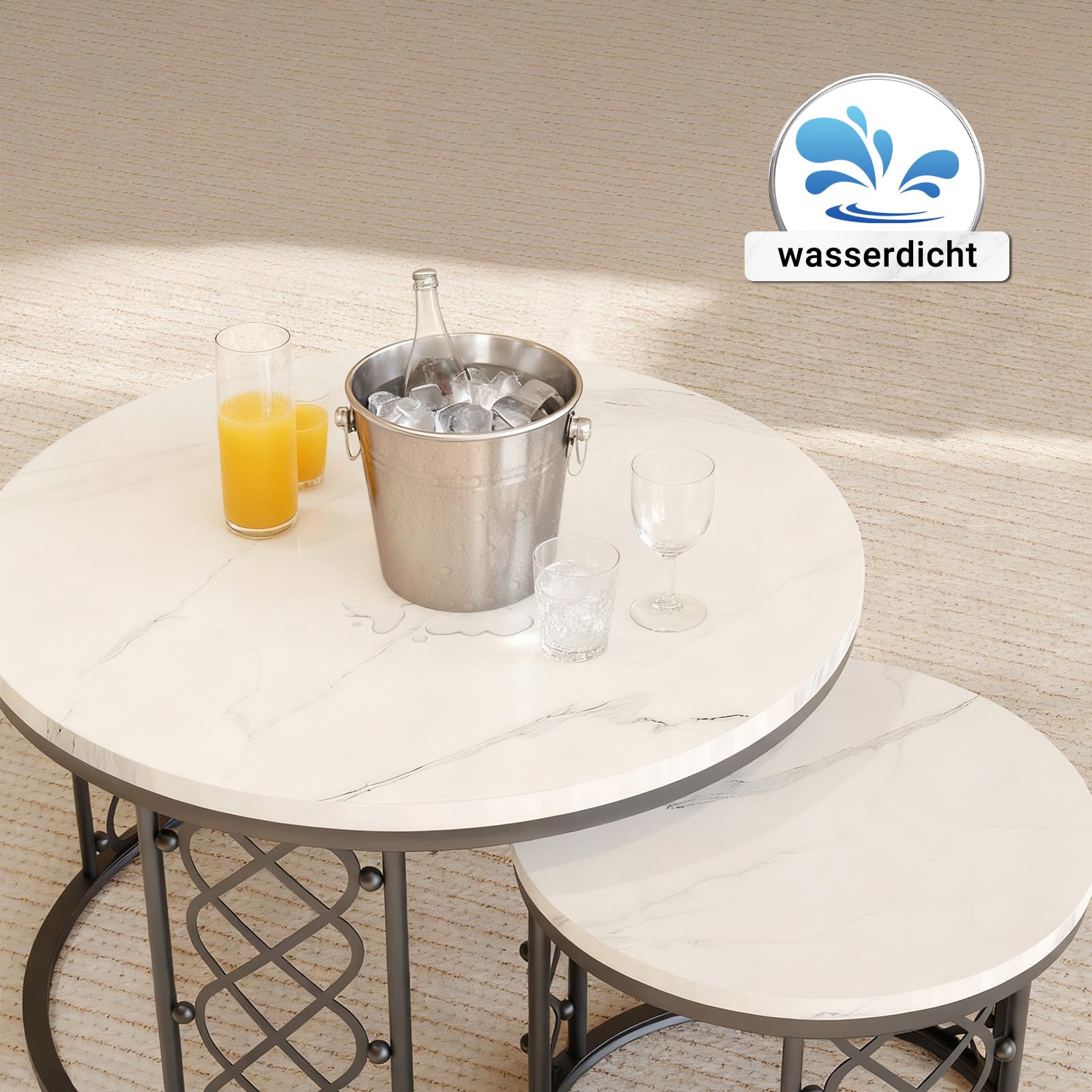 okwish 2er Set Runde Couchtische mit hohler Herz-Design-Optik, Moderne Beistelltische fürs Wohnzimmer, Weißes MDF Tischplatte für Wohnzimmer, Balkon & Büro, Schwarze Beine, 80x45 cm