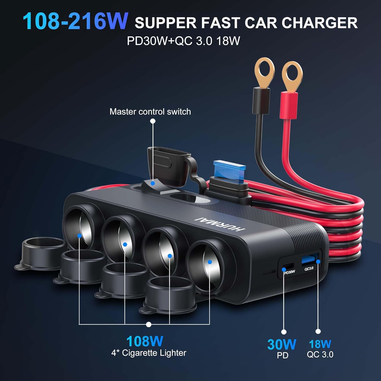 10FT Cable 12V Socket Power Outlet，Cigarette Lighter Splitter Adapter 216W 4 Socket Heavy Duty Truck Car