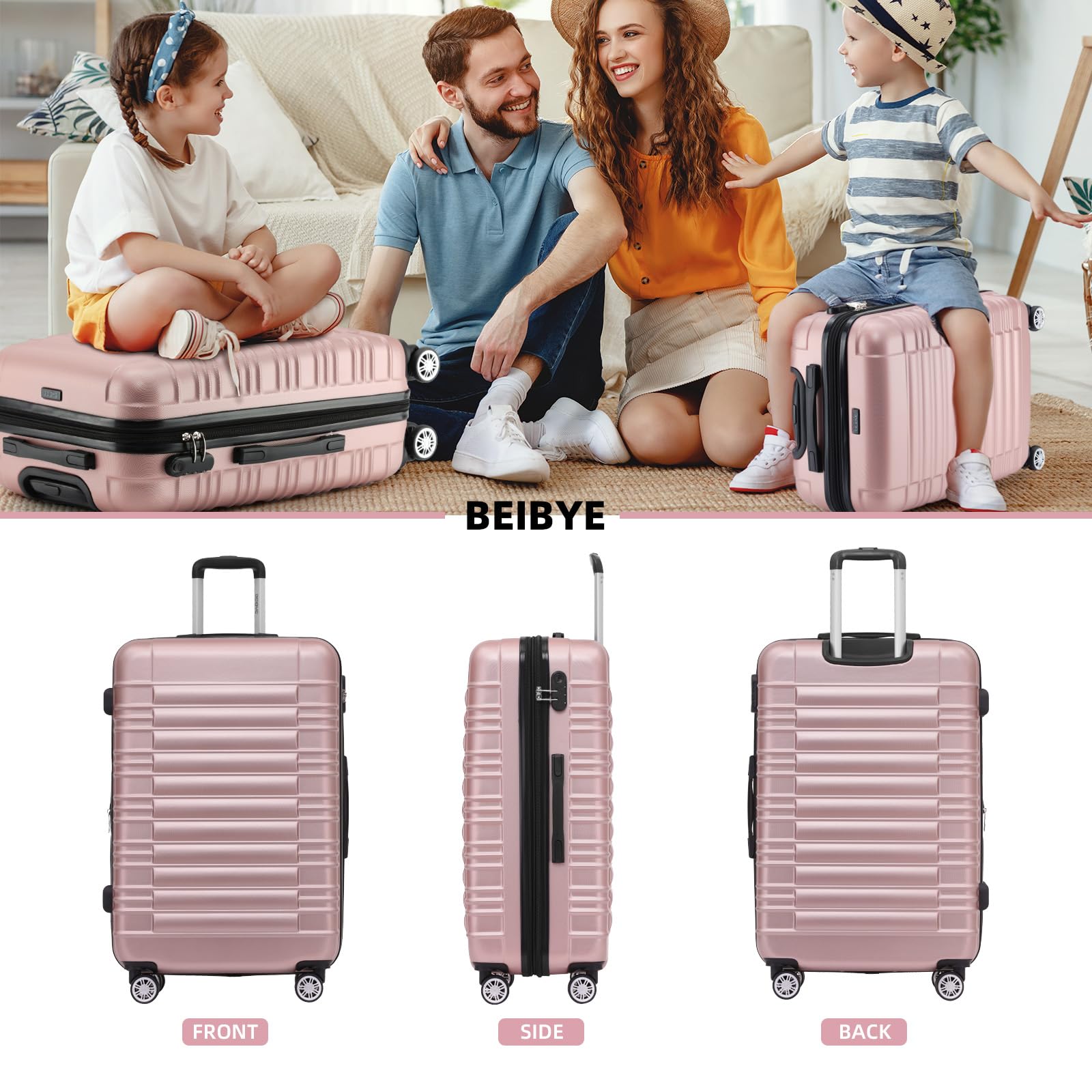BEIBYE Reisekoffer 2088 Hartschalekoffer Gepäck Koffer Trolley Bordcase Handgepäck M in 14 Farben (Rosagold)