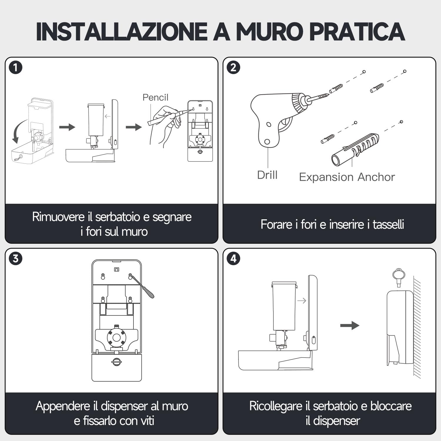 anydry Erogatore di sapone da parete manuale a pressione, capacità 800 ml con finestra visiva, sostituzione semplice del sapone, ideale per case e aziende 1006 Bianco