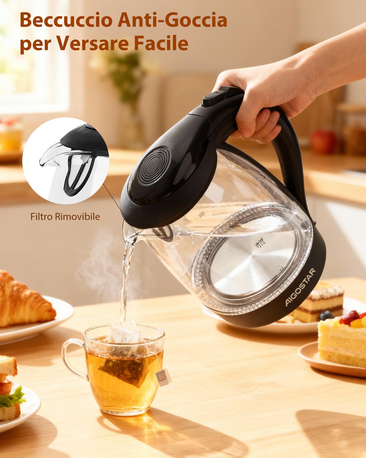 Aigostar Adam - Bollitore Acqua Elettrico in Vetro Borosilicato con LED, 1,7 litri, 2200W, Spegnimento Automatico, Filtro Anticalcare, Base di rotazione a 360° in Acciaio Inox, Teiera Senza BPA Nero