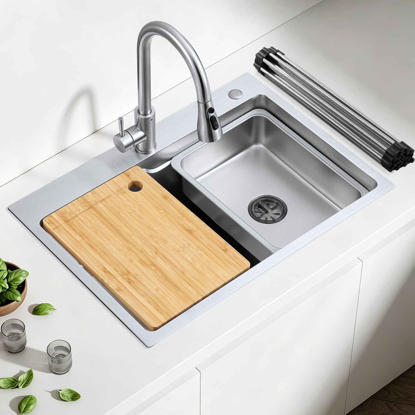 Edelstahl Spülbecken mit Zubehör Einbau Küchenspüle Set 68×48 cm | Edelstahlspüle mit Armatur Große Spüle inkl. Ersatz Innenspüle und Schneidebrett | Widerstandsfähig gegenüber Kratzern
