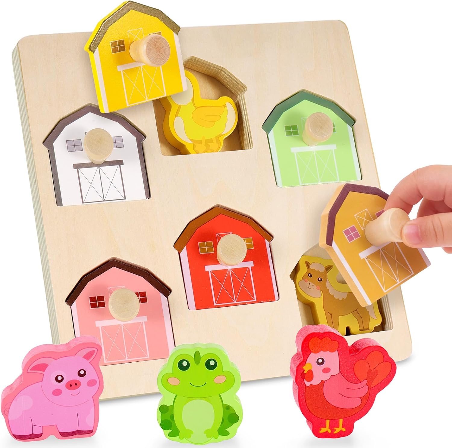 Wooden Puzzles for Toddlers 1-3, Animal Match Farm Peg Puzzle for Toddlers Age 1+, Montessori Toys for 1 2 Year Old, Knob Puzzle Birthday Gift, Preschoool Learning Toys