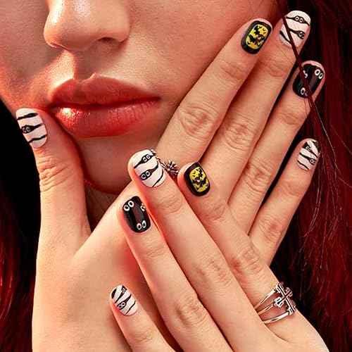 Miniatura 3 de GLAMERMAID Uñas postizas a presión de Halloween, corto de gel negro, uñas góticas emo con bonito diseño de calavera fantasma, uñas postizas