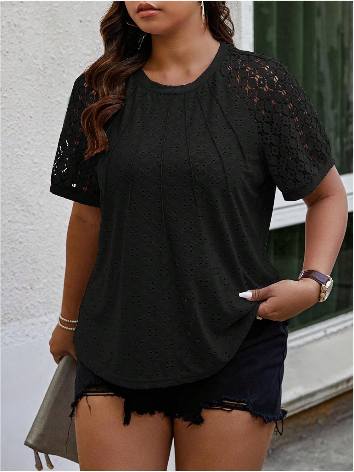 SOLY HUX Women's Plus Size Contrast Lace Short Sleeve Tee Round Neck Summer T Shirt Tops - Image 4