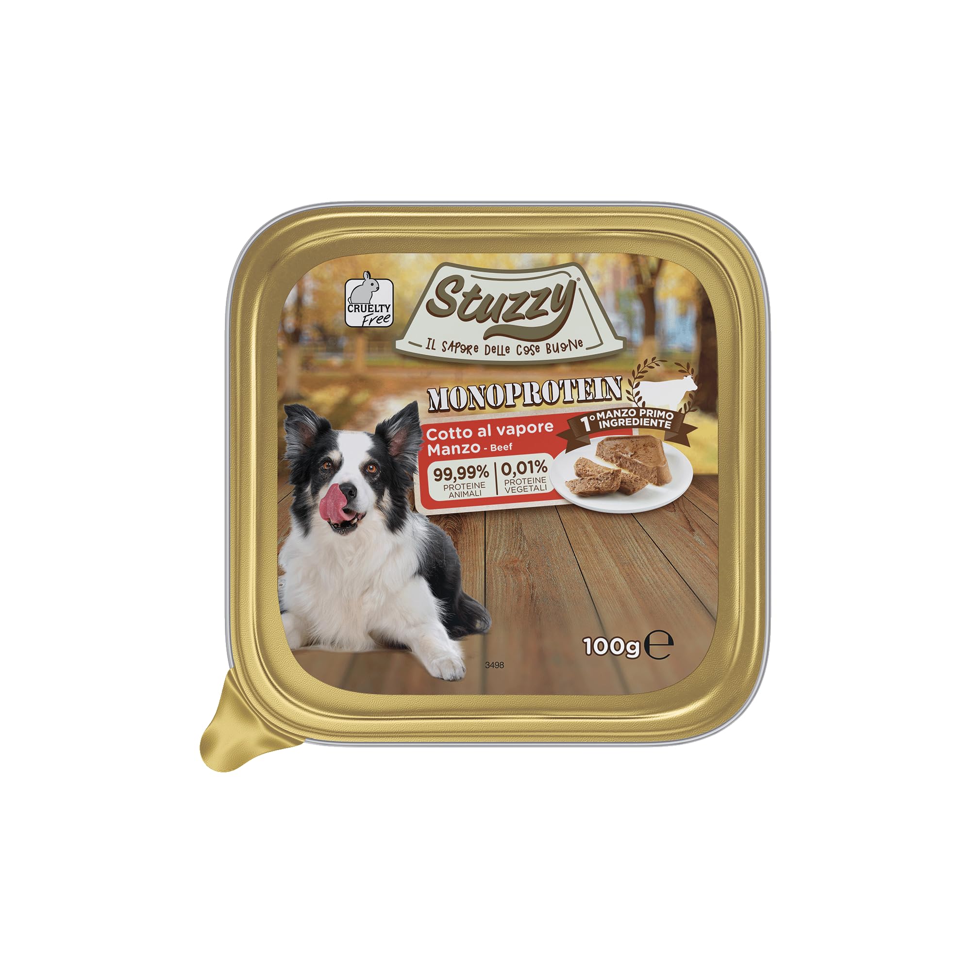 Stuzzy Monoprotein Alimento Umido per Cani Gusto Manzo, 99,9% Proteine Animali, 0,01% Proteine Vegetali, Cotto al Vapore, Alimento Completo per Cani, 32 x 100g