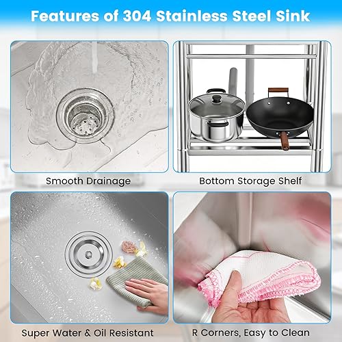 Vista 5 de Lafati Fregadero de acero inoxidable – Fregadero de cocina independiente de un solo tazón certificado NSF con agua fría y caliente para granja