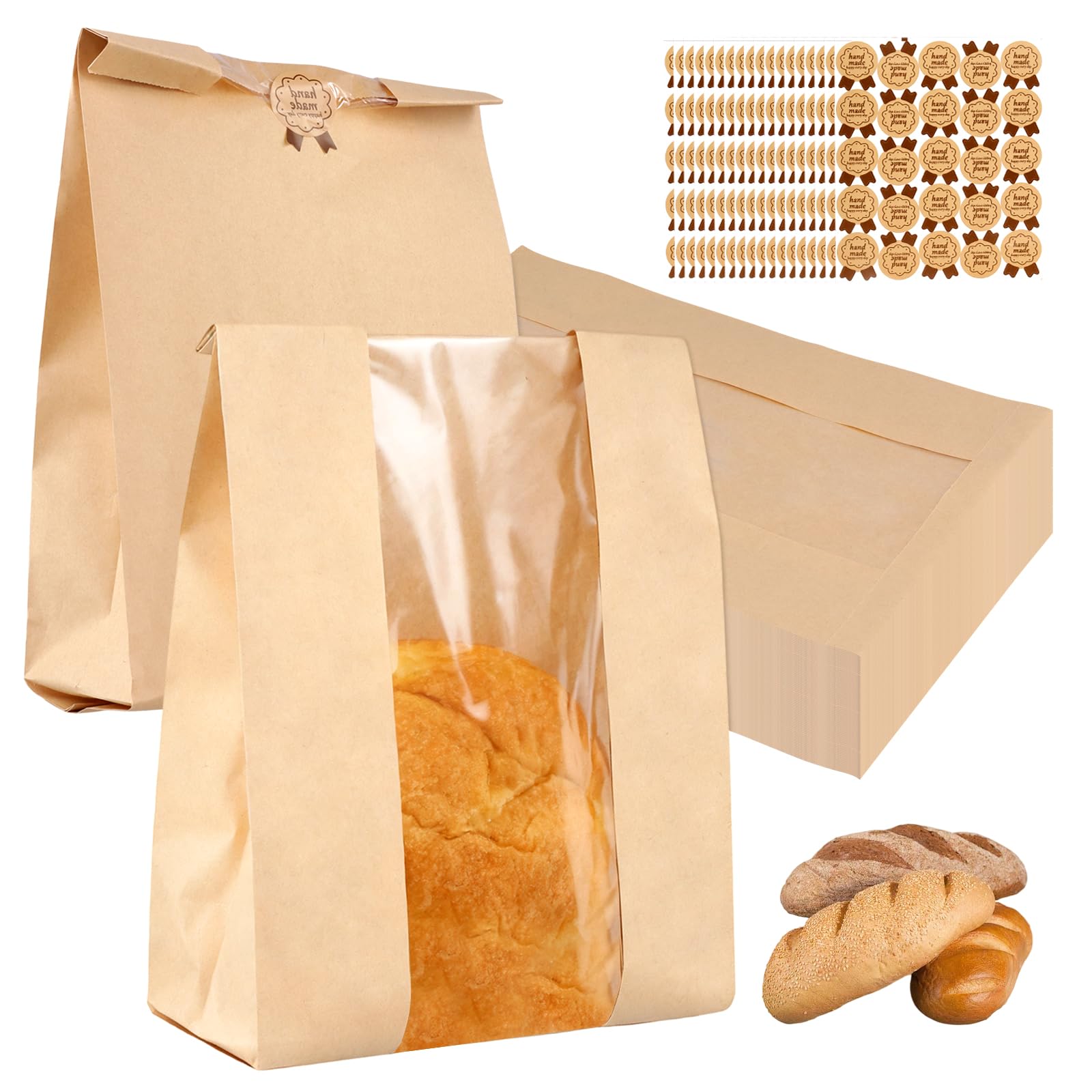 TAICHEUT 200 Pack Paper Bread Bags with Clear Window and Stickers, 35 x 21 x 9 cm Kraft Bakery Food Bags for Homemade Bread, Cookies, Donuts