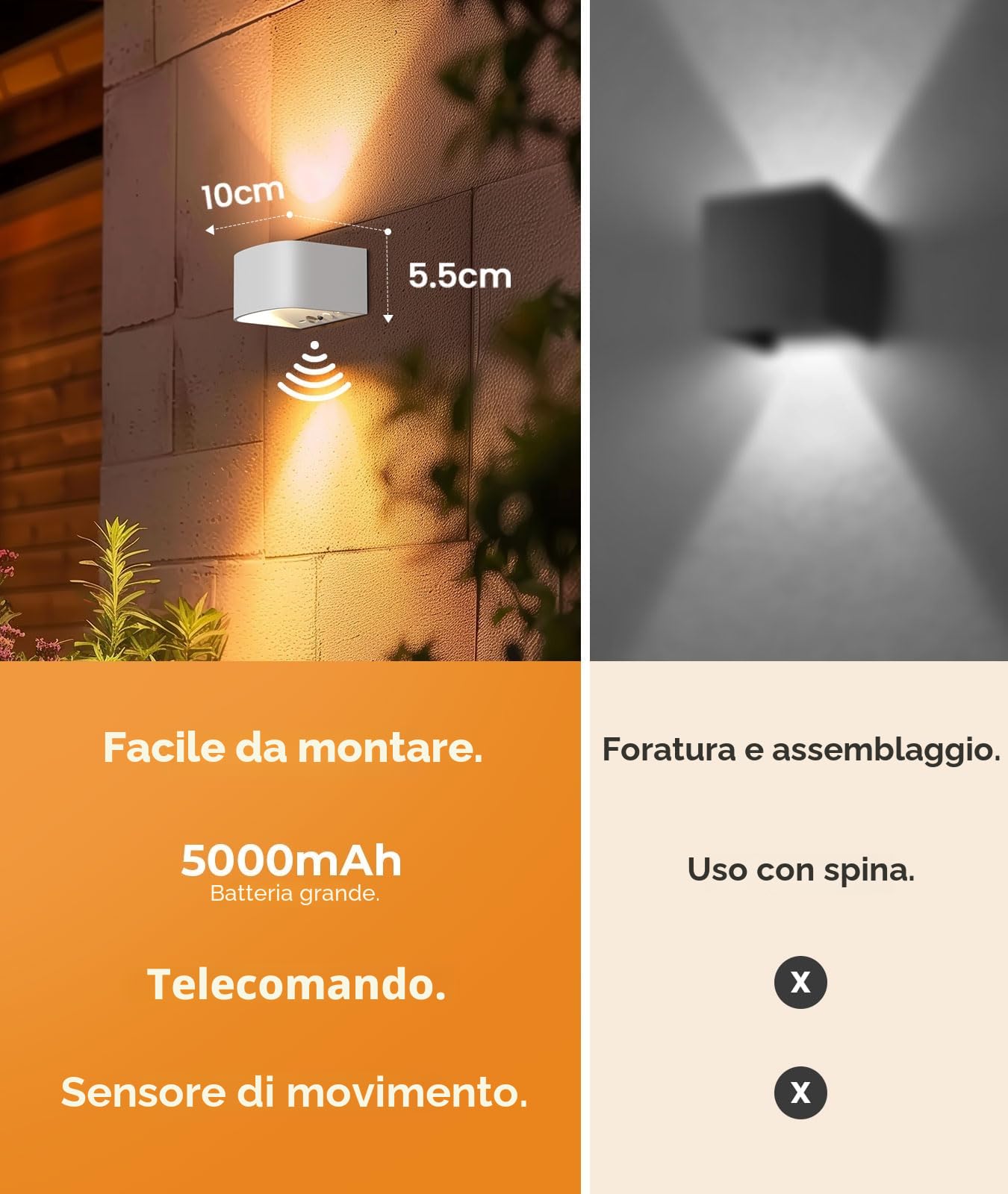 FULEN Lampada da Parete con Sensore di Movimento con Telecomando, 3 Colori, Senza Fili, LED da Interno,Luce a Parete su e Giù, Batteria Ricaricabile da 5000mAh, Regolabile in Luminosità,Bianco 2 Pezzi
