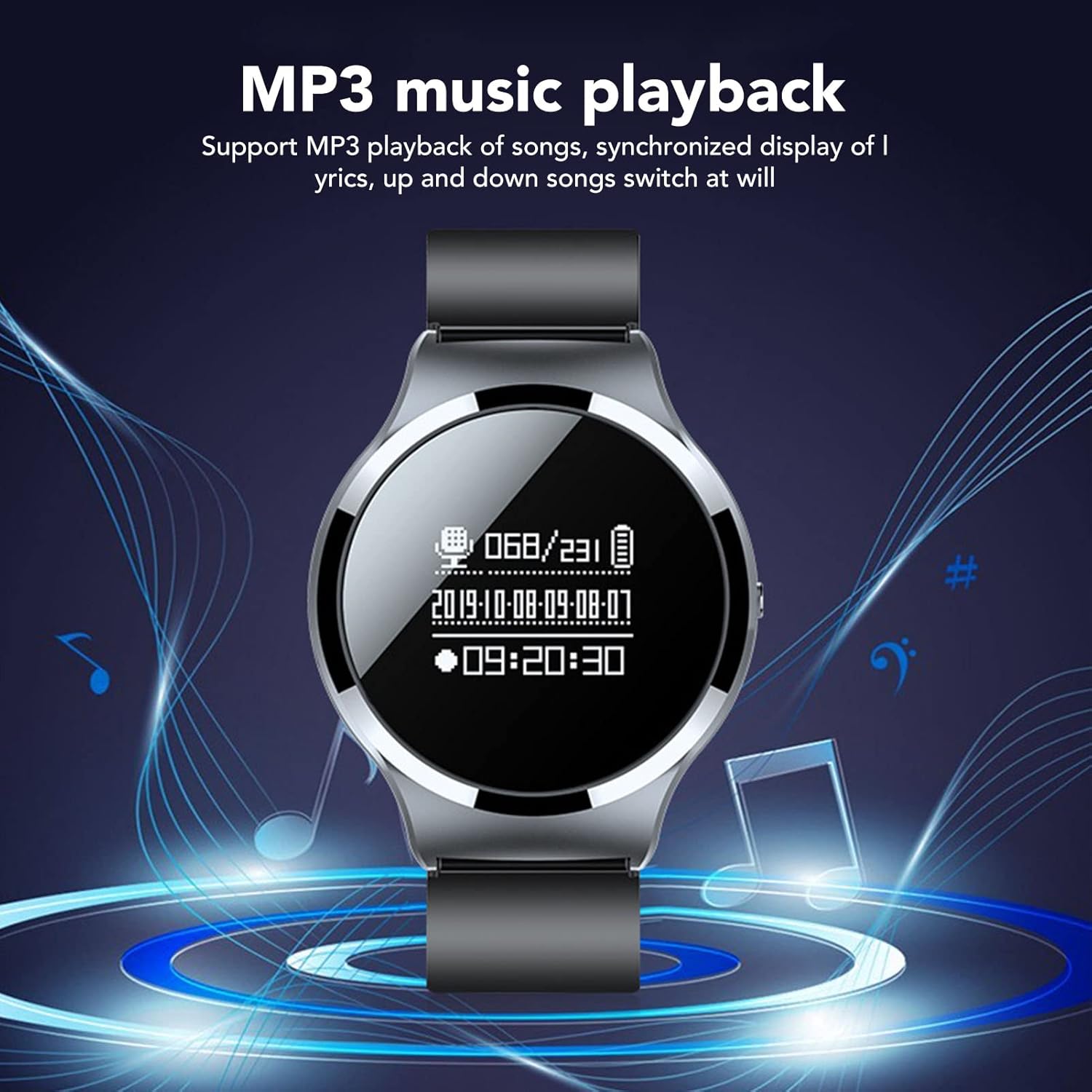 Jectse Voice Recorder Watch displaying music playback interface