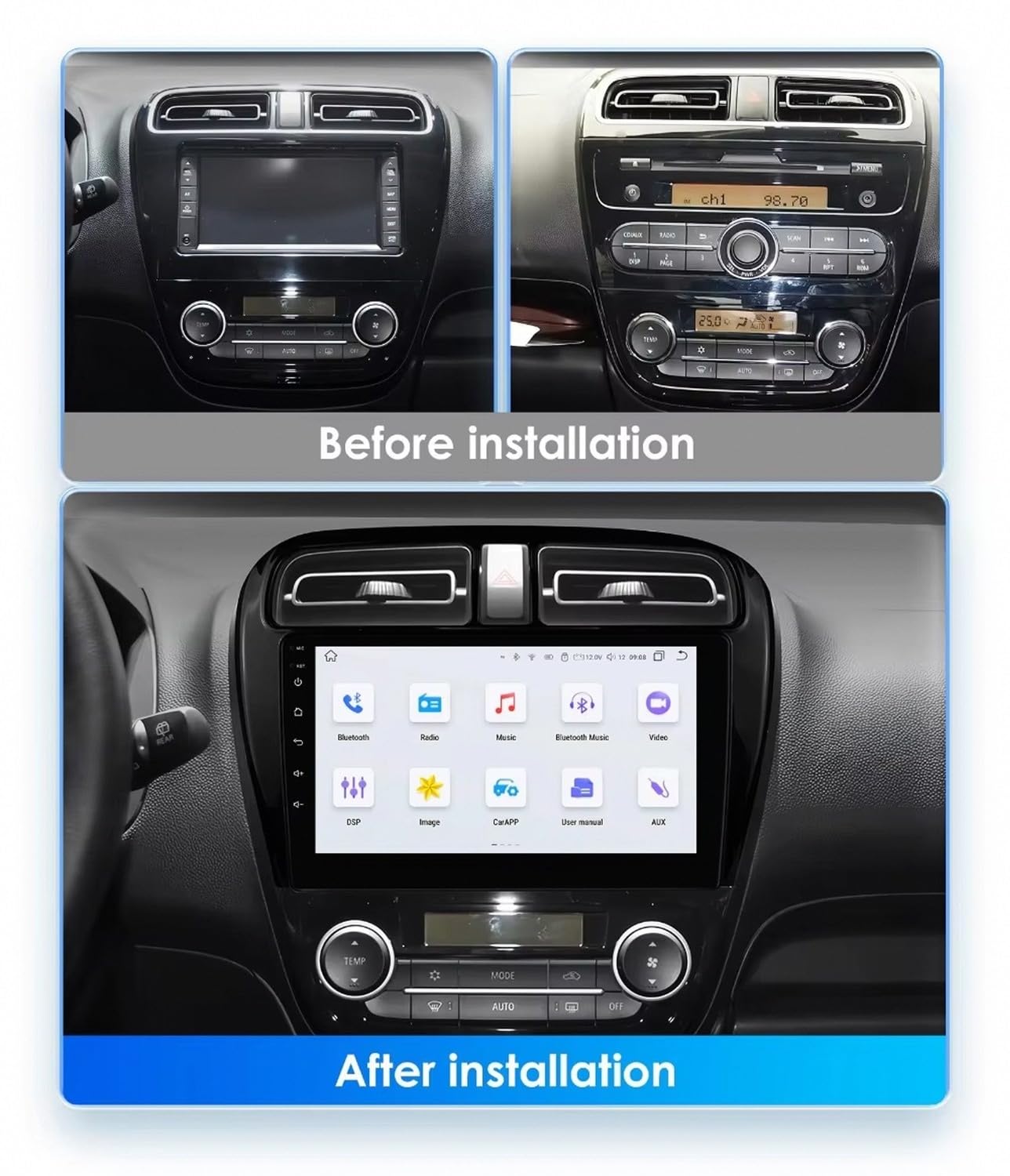 Ekran Carplay dla Mitsubishi Mirage Space Star Dodge 2012-2023 Z Kamerą Cofania, Funkcją Mirror Link, Sterowaniem Głosowym I Radiem Fm; Obsługa Siri/Aux/Airplay, 8 Rdzeń 6G+128G