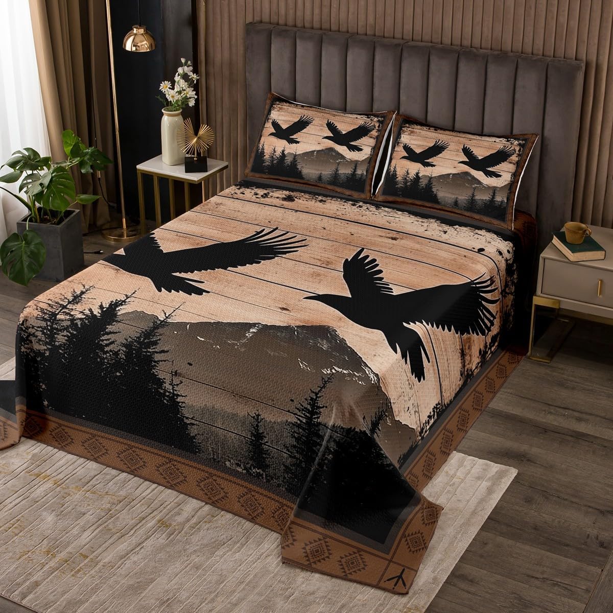 Erosebridal Eagle Quilt Set Queen Bird Wildlife Bedspread Set for Kids Boys Girls Retro Wooden Woodland Coverlet Set Boho Tribal Paw Print Geometric Bedroom Decor Soft Luxury Bed Set