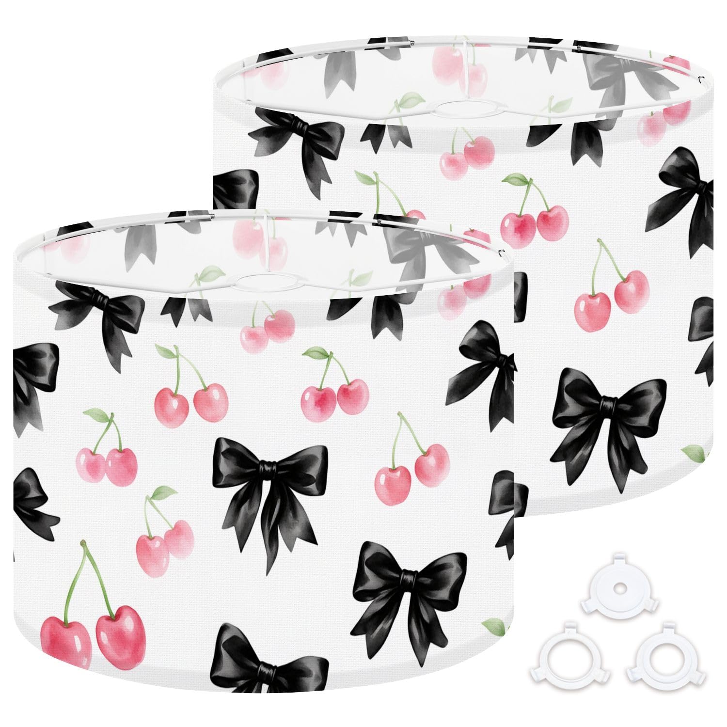 Fabric Round Drum Lamp Shade Black Bows Cherry Design Watercolor Style Vintage Medium Linen Decorative Assembly Replacement Lampshades 13inch Set of 2 for Table Lamps, Floor Lamps,Ceiling Lamp