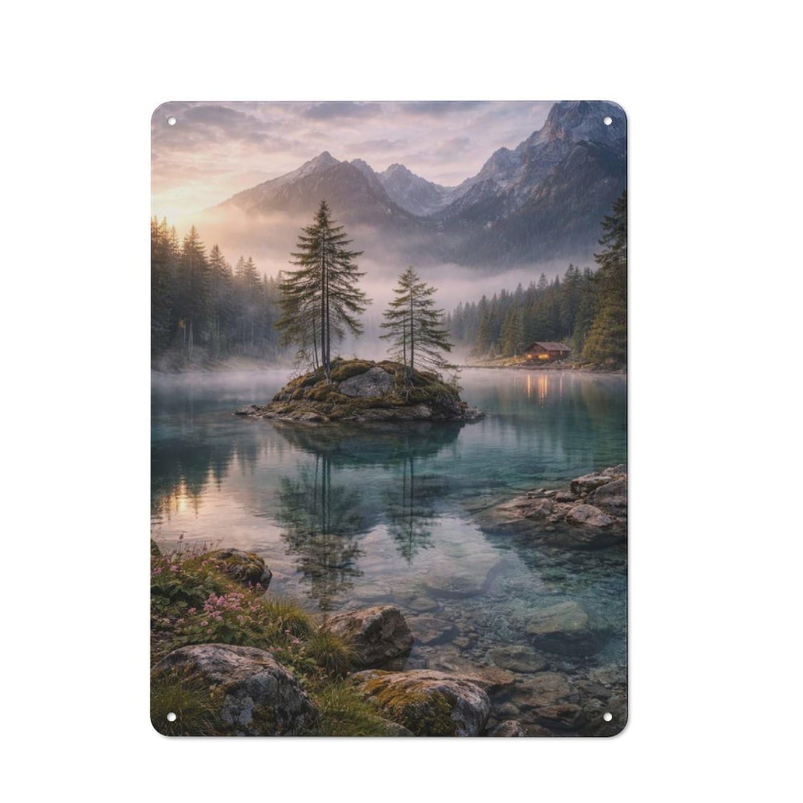 Junmoney Style-3 Classic Misty Mountain Lake Sunrise Metal Wall Sign 40X30cm, Pub Wall Decor For Diner, Restaurant, Shed Or Kitchen