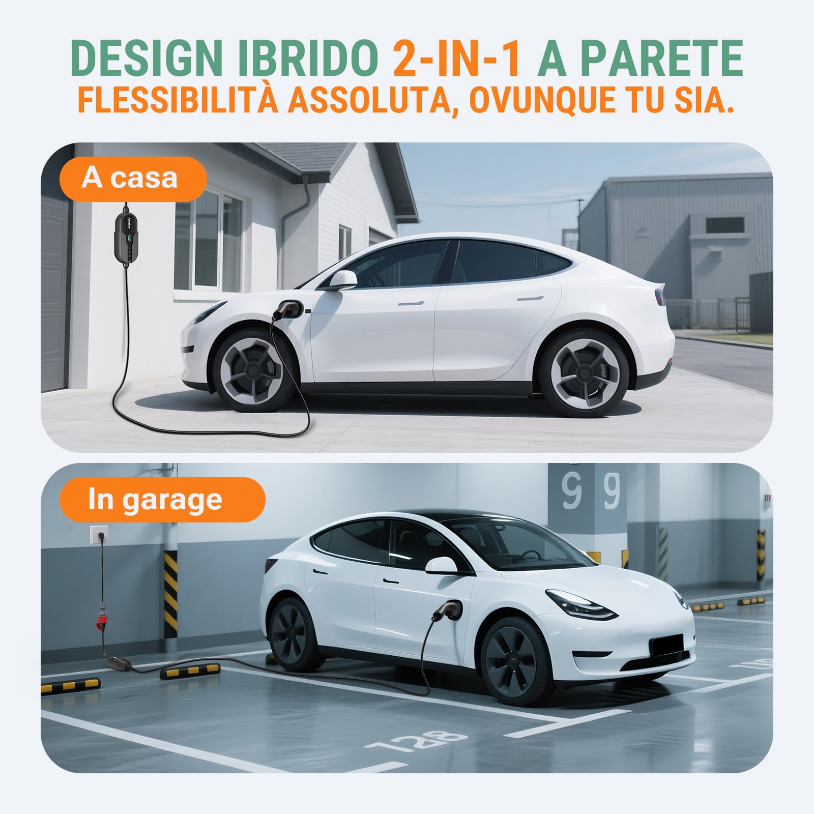 AIMILER Wallbox 11kW (8-16A 400V) 7,6M con Gestione App e OLED Colonnina Ricarica Auto Elettrica Trifase, Cavo Tipo 2 Incorporato Protezione IP66 & CA/CC, Compatibile Model Y/3 Q4 e-208 500e EV/PHEV