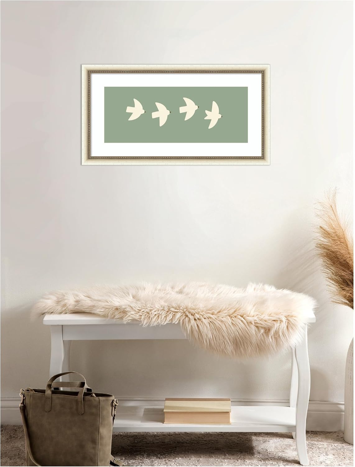 Kate and Laurel Framed Wall Art Print Minimalist Birds Panel 4 Green by Laura Moss, 26 x 14, Belmont Distress White Frame, Modern Contemporary, Animal Art for Wall Decor