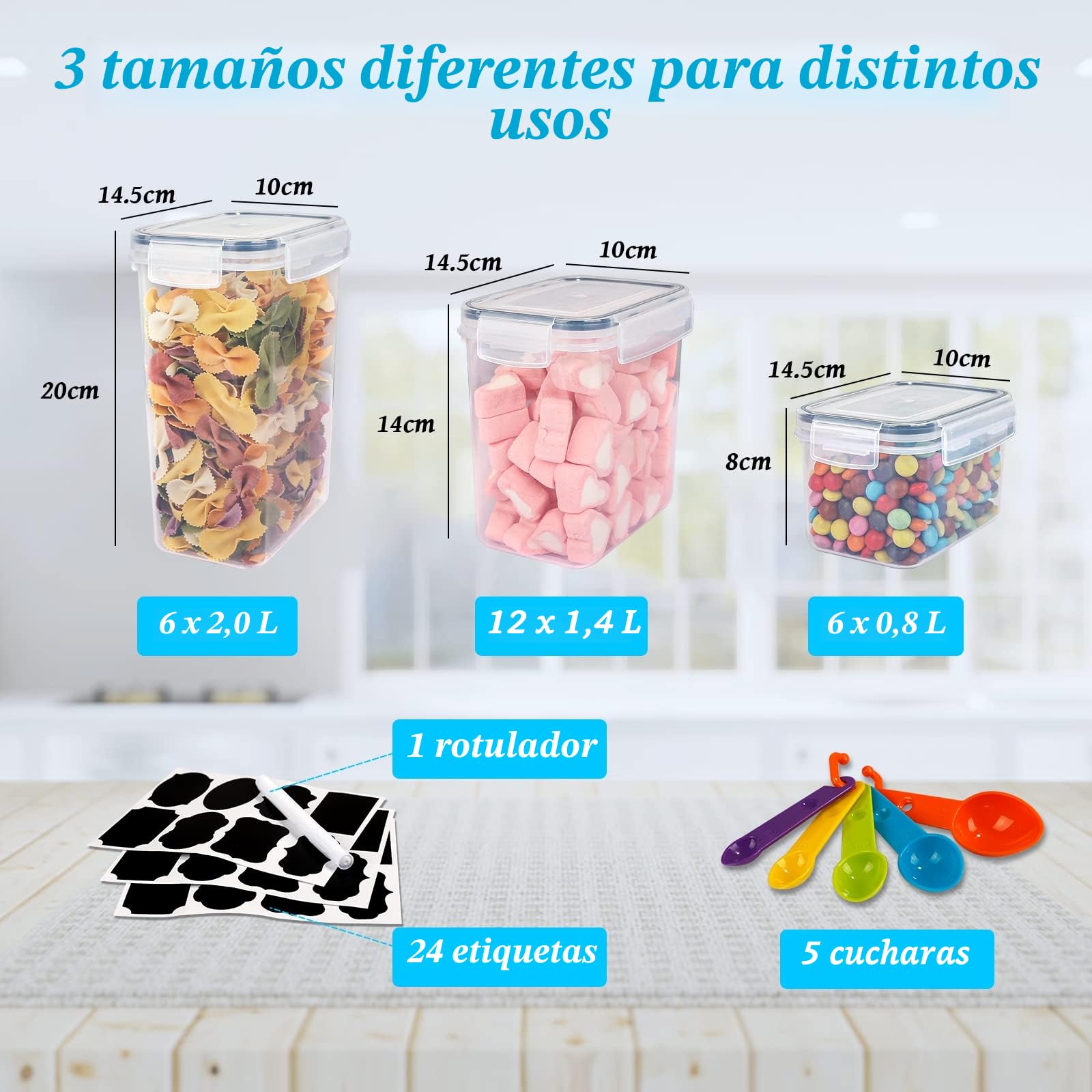Juego de 24 tarros de almacenamiento con tapa, herméticos de plástico, para cereales (2 L, 1,4 L, 0,8 L)
