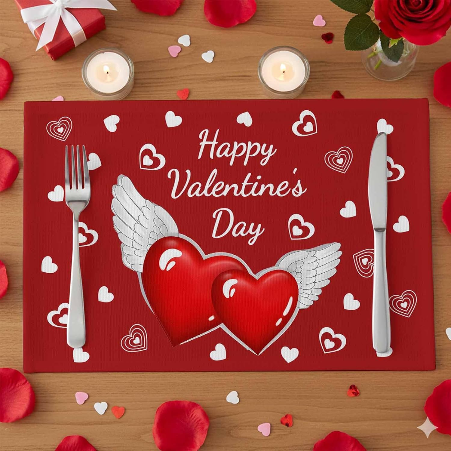 Valentine's Day Placemats Set of 4, Happy Valentine's Day Placemat for Dining Table Decorations, Love Heart with Wing Place Mats, Valentines Table Mats for Kitchen Dinner Holiday Party Decor