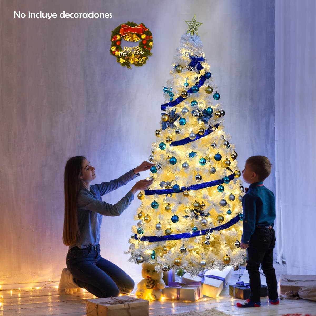 GYMAX Árbol de Navidad Artificial de 210 cm, Árbol de Navidad con Encaje de 950, Christmas Tree Artificial con Soporte de Metal, Material de PVC, Blanco