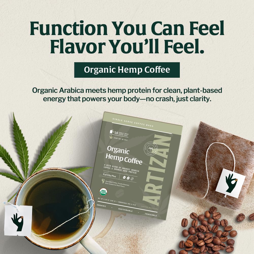Artizan Coffee Roasters Organic Hemp Coffee Fusion – Single-Serve Bags | Full City Plus Roast | 20 Count | Compostable, Nitro-Sealed, Specialty Grade