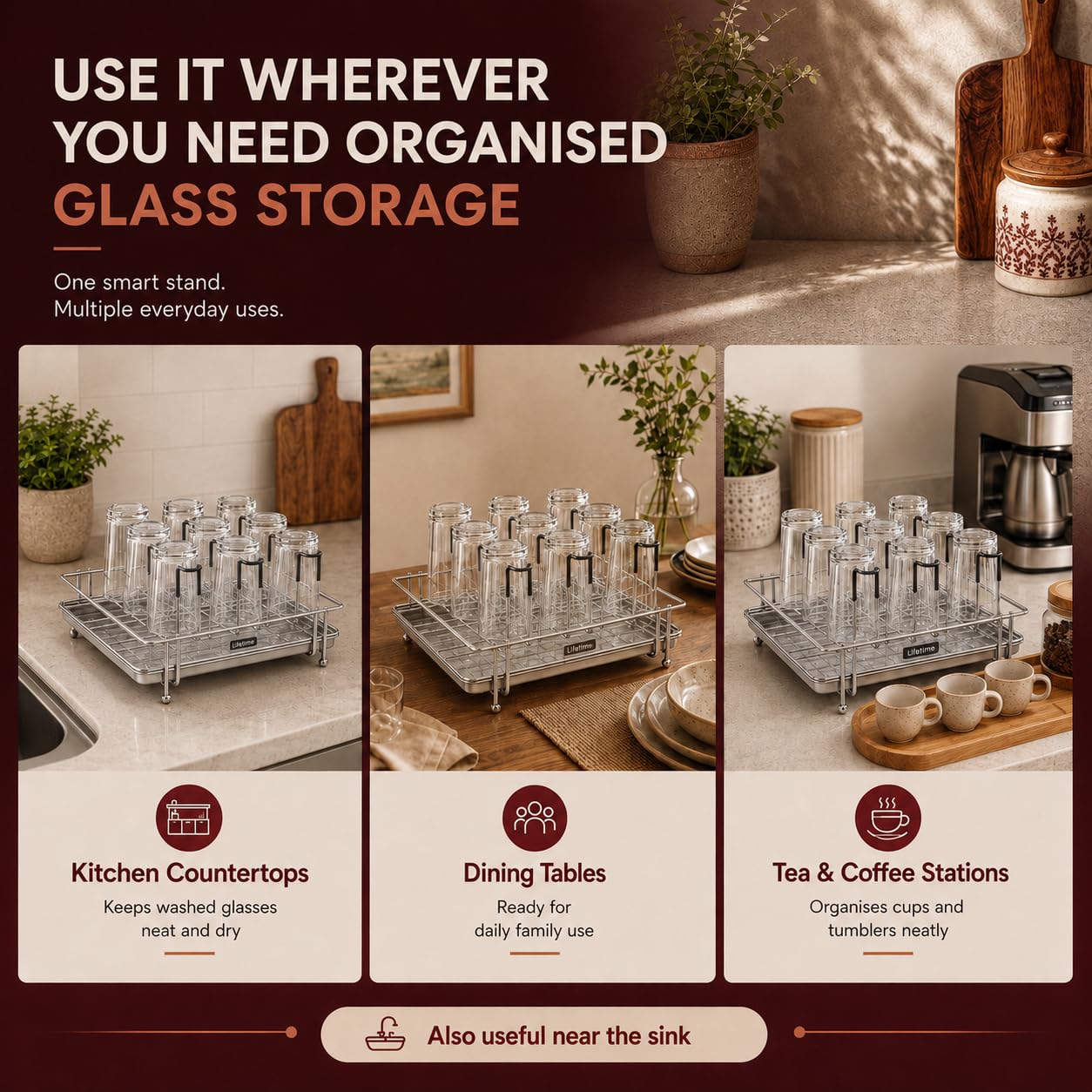 Stainless Steel Glass Stand - 9 Holder, Drain Tray -6 Stainless Steel Glass Stand - 9 Holder, Drain Tray -6