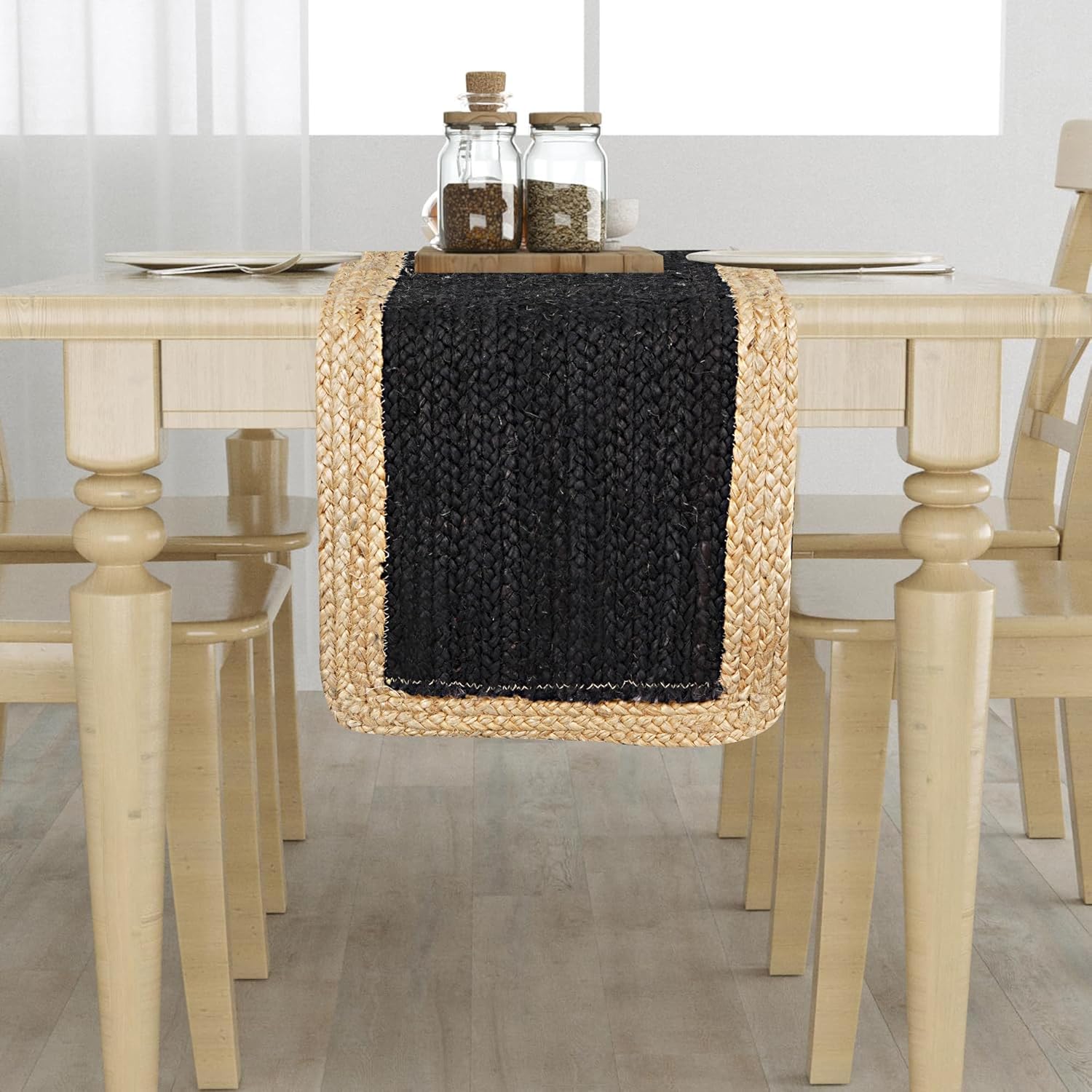 Runner da tavola in iuta nero con beige, 35 x 183 cm, decorazione indiana intrecciata a mano, decorazione per tavolo da pranzo, cucina, tavolino da caffè, decorazione bohémien