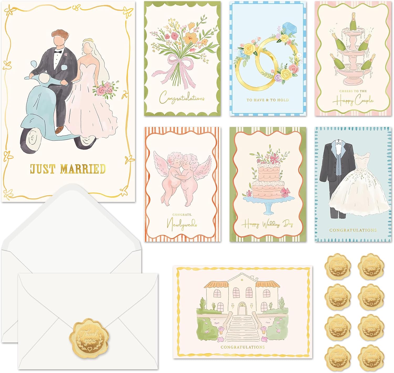 Whaline 24 Pack Wedding Cards Just Married The New Mr & Mrs Greeting Note Cards with Envelope Sticker Engagement Congratulations Card for Bridal Shower, 8 Designs