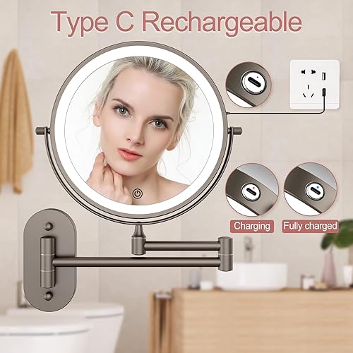 Miniatura 2 de FASCINATE Espejo de tocador iluminado recargable para montaje en la pared de 8 pulgadas, espejo de maquillaje con aumento 1X10X con 3 luces de