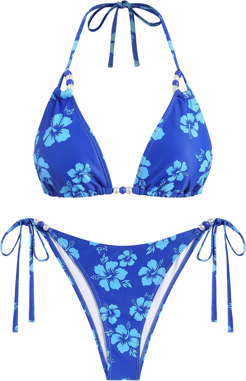 ZAFUL Floral Halter Bikini Set for Women Triangle Tie Side 2 Piece Bathing Suit Beading Cheeky Swimsuit 0-Blue S - Image 2