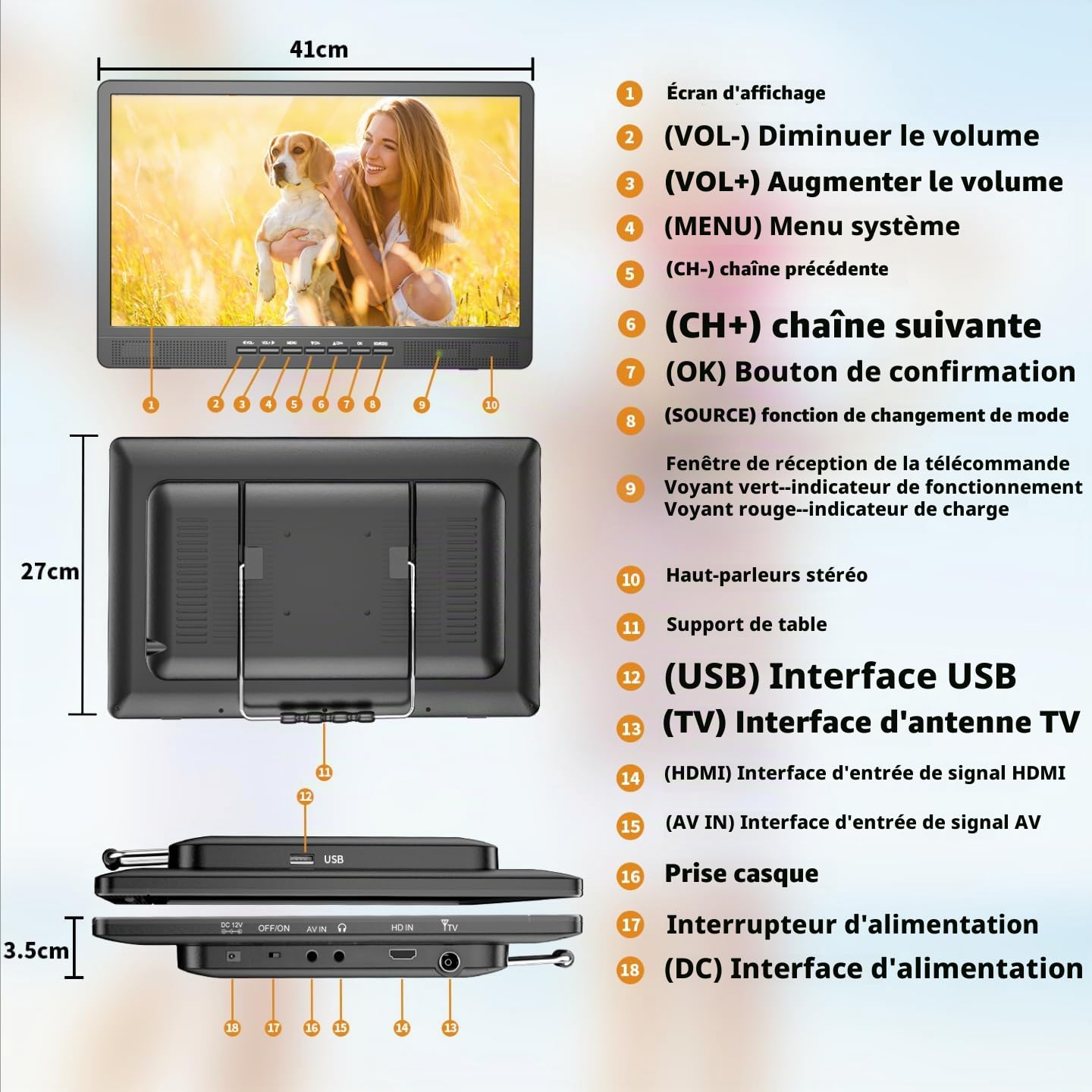 Desobry TV Portable 18 Pouces avec antenne, Mini TV avec Tuner DVB/T2 | Mini téléviseur LCD 12V, HD 1080P, pour Le Camping en Plein air, la Chambre, la Cuisine, supporte Les entrées USB/HDMI/AV