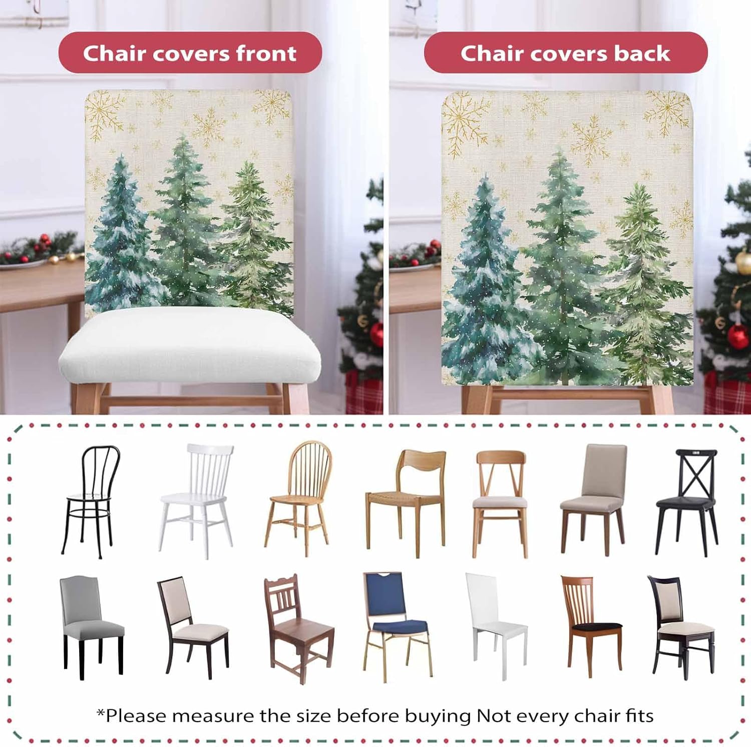Green Christmas Tree 4 Packs Dining Chair Back Cover, Green Xmas Tree Snowflake Rustic Decorative Kitchen Dinner Chair Seat Covers Chair Slip Covers, Slipcovers Protect for Dinning Room