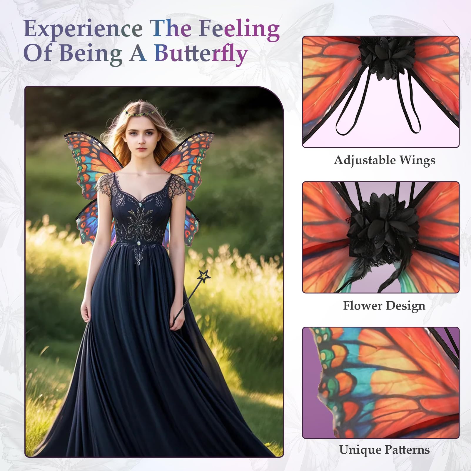Snylcce Fairy Wings for Adults Fairy Costume Set including Floral Garland, Hair Tinsel, Wand & Elf Ears Butterfly Wings - Image 4