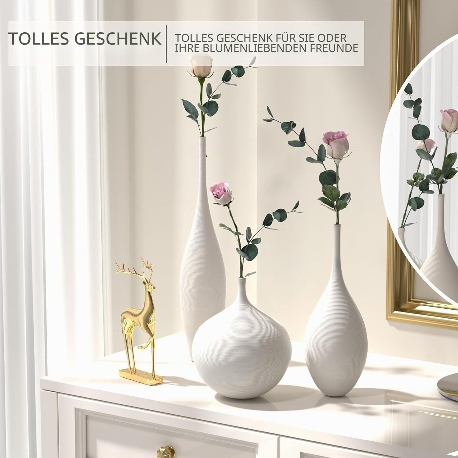 Relexome Weiße Keramik Vasen 3er-Set, Moderne Skandinavische Deko Vasen, Wabi-Sabi Blumenvasen, Boho Home Decor für Pampasgras & Trockenblumen, Matt Minimalistisch für Wohnzimmer, Tisch, Regal