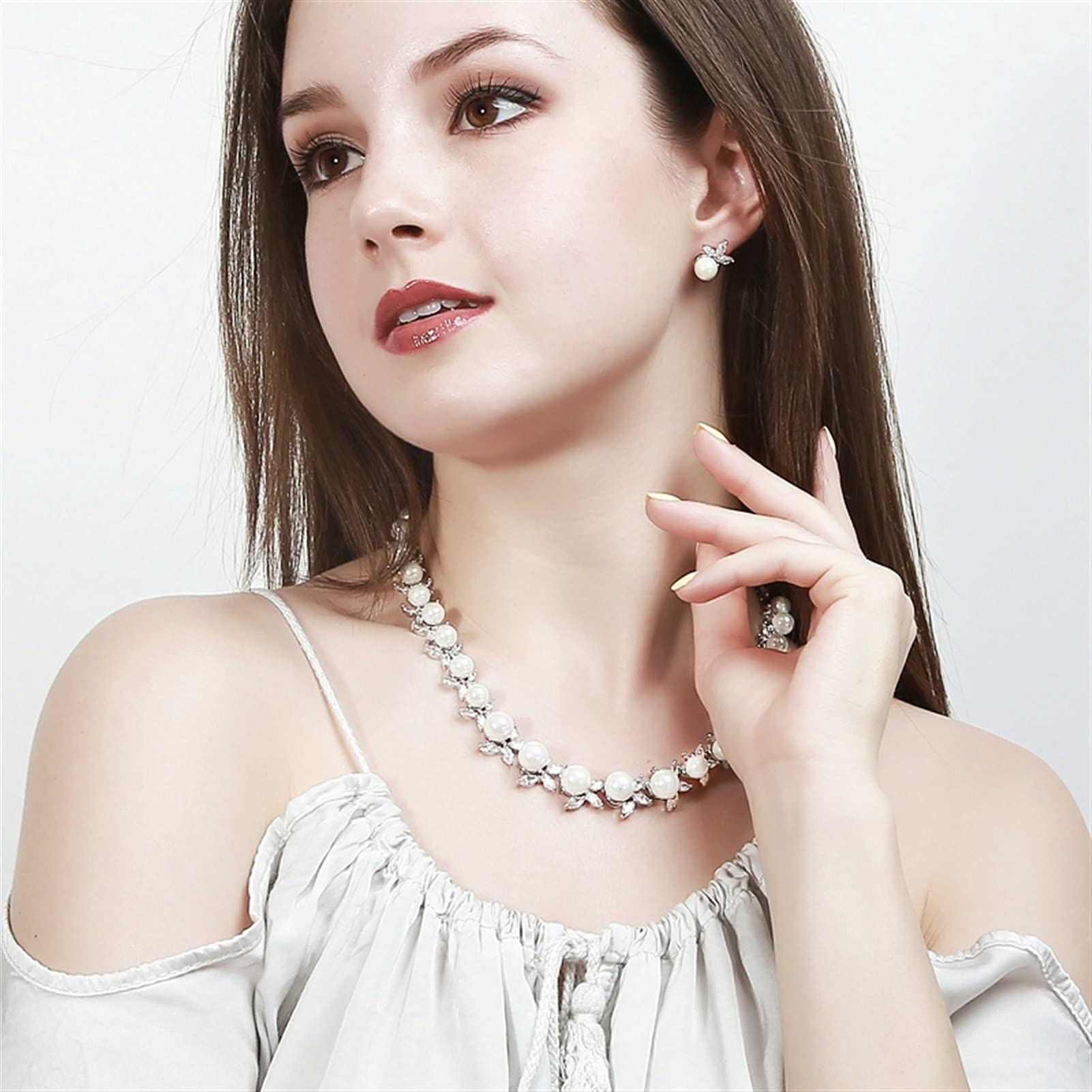 Joyería de circonia cúbica Brillante pavimentada, Perla Grande Redonda, Collar para Fiesta y Boda, Pendientes, Juegos de Joyas para Mujer