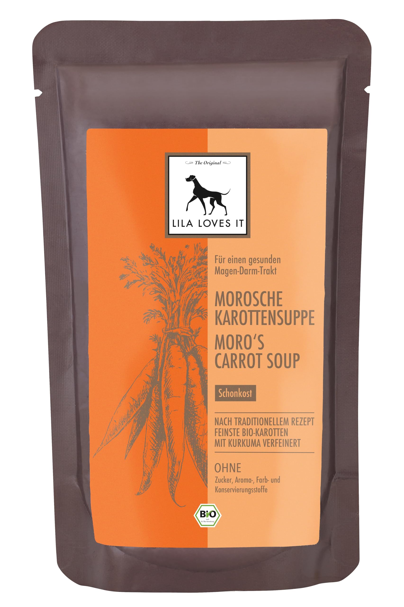 LILA LOVES IT Bio Morosche Karottensuppe für Hunde – altbewährtem Hausrezept, beruhigt den Magen-Darm-Trakt, vegan, Bio MOROSCHE KAROTTENSUPPE, 18 x 130ml Beutel