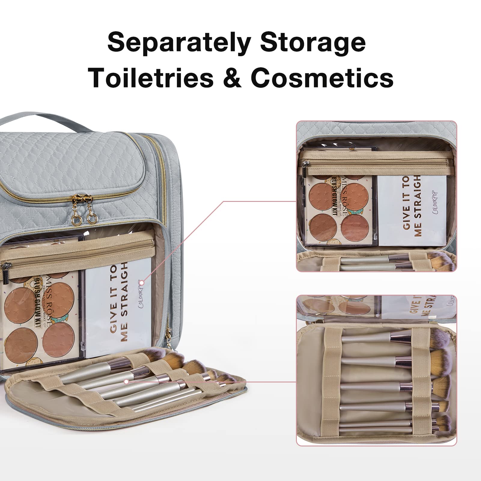 BAGSMART Neceser de viaje para mujer, bolsa de maquillaje resistente al agua, organizador de viaje de gran capacidad para artículos de tocador y cosméticos de tamaño completo, Gris, 12.2 x 6.9 x 10.4