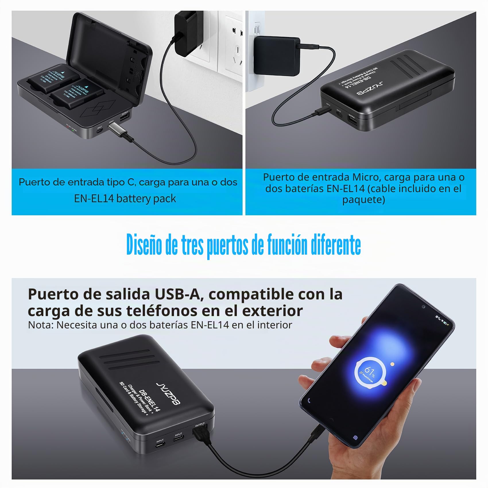 JYJZPB EN-EL14 EN-EL14A Batería para Nikon D3200 D3500 D5100 D3100 D3400 D3300 D5600 Estuche Cargador rápido USB con Doble Canal para Nikon D5200 D5300 D5500 Coolpix P7000 P7100 P7700 Cámara