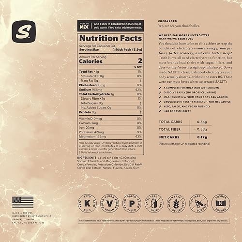 Miniatura 9 de SALTT - Mezcla de bebida con sabor a electrolitos en polvo, cacao loco, 30 paquetes de hidratación, magnesio, potasio, sodio, oligominerales, cero